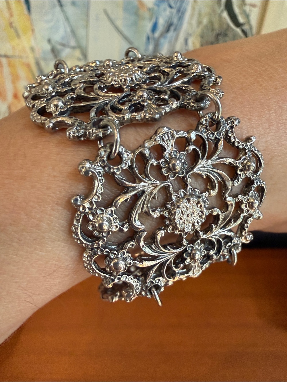 Vintage Silver Floral Filigree Bracelet - Silver Tone - Picture 9 of 9